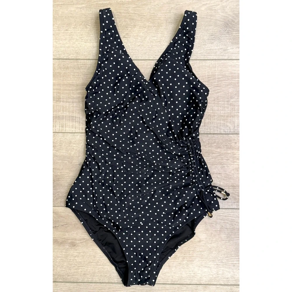 NWT TALBOTS AQUA CLUB BLACK WHITE TAHITI DOT FAUX WRAP ONE PIECE SWIMSUIT SZ XL